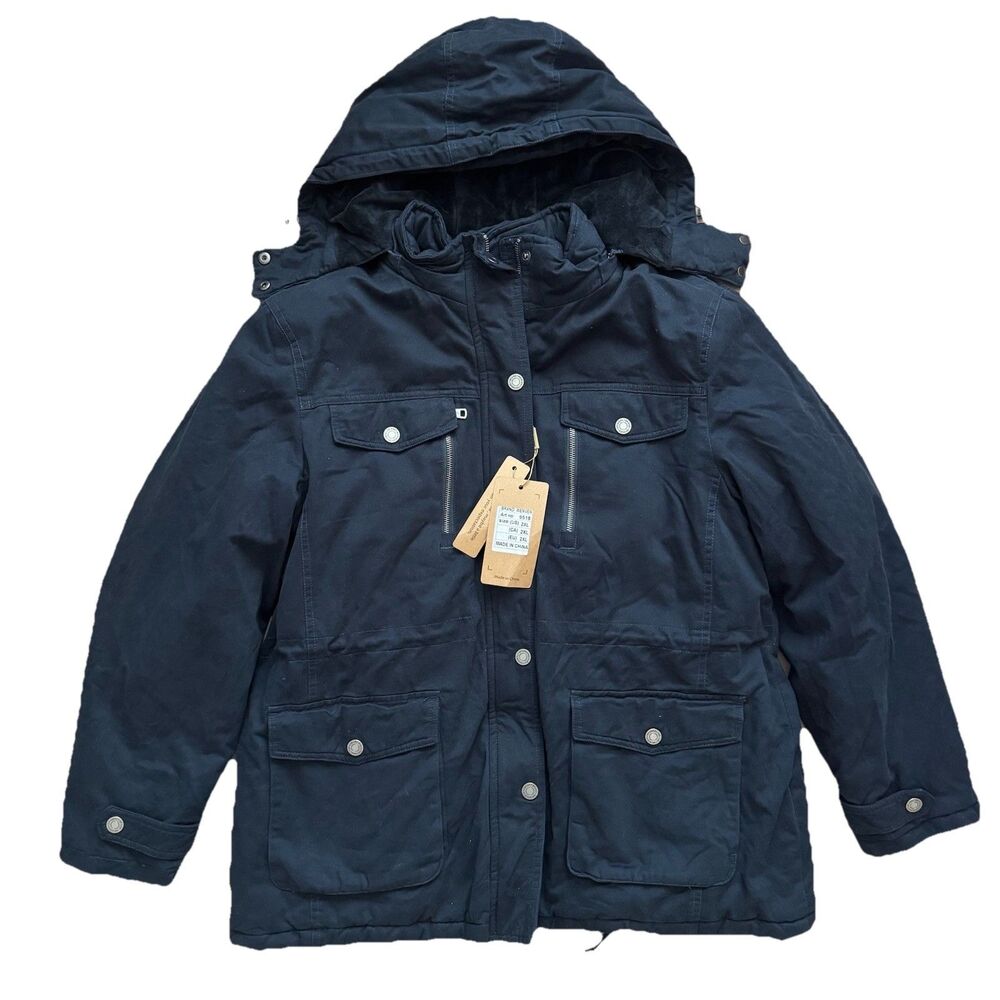 WENVEN Mens Jacket 2XL Black Hooded Utility Coat Full Zip Warm Workwear NWT